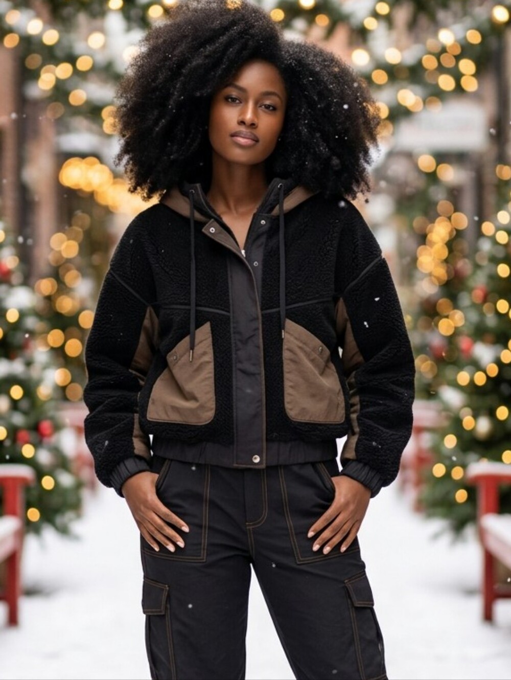 Free People FP Movement Mountain High Fleece Jacket Black Motif Med NWT
